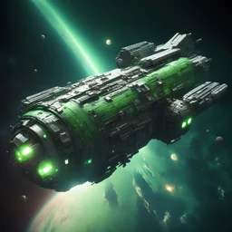 highly detailed city spacecraft in space ,green side running lights, luminescent , 35 mm focal length