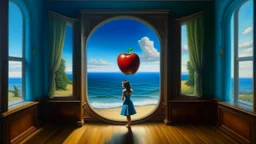 A surreal painting depicts a giant apple with a woman inside, occupying almost an entire room. The room has a window overlooking a calm blue sea.