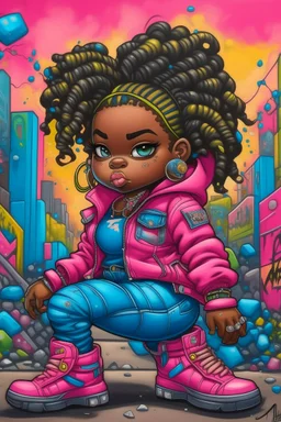 A futurism-inspired, steampunk oil painting of a plus-size chibi dark-skinned Black female wearing a pink blue jean outfit with Timberland boots. She has prominent makeup and brown eyes, with highly detailed tight curly ombre dread locs. The image is in a graffiti style.