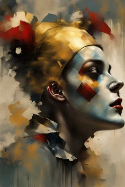 Digital Art of merry harlequin embodying the essence of merriment in a , minimalist approach, influenced by Luis Miranda, Jeremy Mann, Jeffrey Catherine Jones, blends conceptual art with elements of painting and illustration, somber tones, fragmented souls, shadow play, diffuse textures, abstract forms, digital painting, high conceptuality, palette inspired by Jeffrey Catherine Jones, golden ratio composition, fine detail, cinematic lighting.