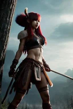 Barbarian anime character, animal hide armor, physically fit, tribal tattoos, scars, washboard abs, red facepaint, red hair, dark eyeshadow, intricate eyeliner, soft round eyes, beads in hair, 8k resolution, cinematic smooth, intricate details, vibrant colors, realistic details, masterpiece, oil on canvas, smokey background