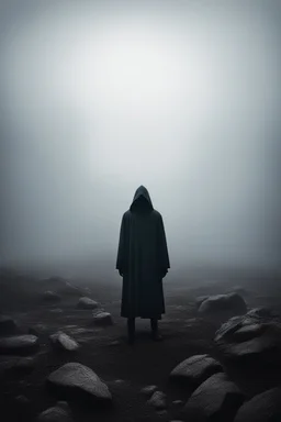 A hooded shadow standing in A rocky wasteland surrounded by fog