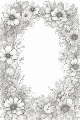 black and white wide beautiful cute floral frame for coloring pages, use a lot of big flowers, go all the way to the edges but leave a lot of space in the middle of the page, use only black and white, clear crisp outlines, no black background, go all the way to the outer edges of the page, use more space in the center of the page, make it rounder