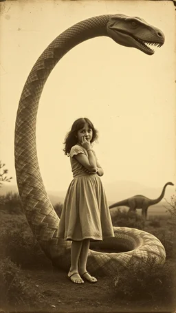 An old picture style of brown and white mono tone picture very bad quality looks very old camera picture of a girl surrounded by a giant creature looks like a snake the year 1900 in the background from a distance dinosaurs