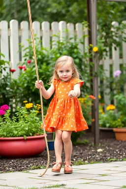 a pretty 5 years old girl with blue eyes and nice dress and shoes playin with a jump rope in children play garden