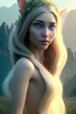 elven young woman, wearing light dress, happy expression, visible ultradetailed armonious cute femine face, visible ultradetailed body, luminous weather, field in the mountains, ultra realistic, concept art, intricate details, highly detailed, photorealistic, octane render, 8 k, unreal engine, art by artgerm and greg rutkowski and charlie bowater and magali villeneuve and alphonse mucha