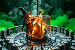 ai magic show on marble labyrinth merrygoround presentation wow effect smoke bunnies awesome awesome gaffa tape dwarf magician with scary hat on awake within a dream inside a circular saw blade Alice in wonderland and cards with crosses and bunny inside a big transparent dice with fire tornado splashing in it all contained within a circle of dominoes that has only green starry color on its background outside and the weirdest screaming audience