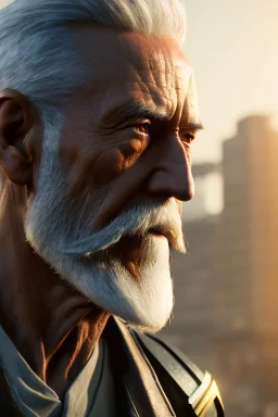 Old man Cyborg anime warrior, grey hair, trimmed grey beard,brown eyes, waist up portrait, 4k resolution, intricate details, ornate details, soft lighting, vibrant colors, retroanime, futuristic cityscape background