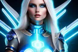 A beautiful portrait of a cute smiling cyber woman with wings, long blond platinum hair, luminous blue eyes, high key lighting, volumetric light high details with blue and white stripes white luminous celtic paterns, beam starry background