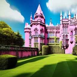 concept art, concept design, realistic, professional photography, ultra high quality, neogothic palace, neo gothic, aesteric, pink walls, pink exterior, glass exterior, english garden around, gardens, plants, trees, volumetric light, photorealistic, high quality, cinematic, sunny, natural blue sky, cozy clouds, green lawn grass, natural pound, retro cars outside,