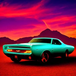 art deco, cyberpunk, neon muscle car, desert road, sunset, full colour, hd,