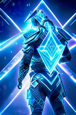 neon blue, floating triangle of light orbiting behind the back, cyber armor, geometric patterns on armor, male, orbiting triangle