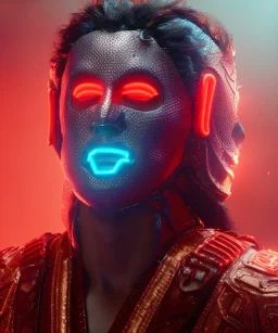 Mexican warrior wrestling, Led lights, cold ambient, latex dress, cables, glow, red, gold, piercings, cyan, circuits, neon style, fog, rain, vibrant color, highly detailed, art stations, concept art, smooth, unreal engine 5, god rays, ray tracing, RTX, lumen lighting, ultra detail, volumetric lighting, 3d, finely drawn, high definition, high resolution.