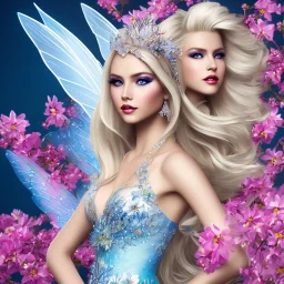 Fantasy fairy with transparent wings, smiling, make up, long platinum blond hair with crown and flowers, blue dress, flowering background