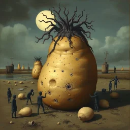 Potato famine, by Gerald Scarfe and Pawel Kuczynski and Joan Miro, stylish digital illustration, sinister, phantasmagoric, organic structuring