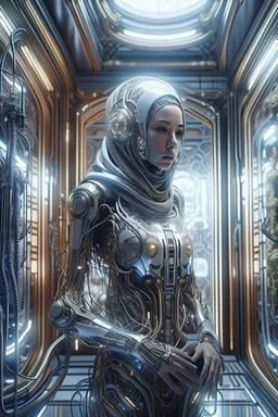 high quality, 8K Ultra HD, high detailed human-cyborg hybrid woman hijaber indonesia, full body, in the background is the interior of a spaceship,big window,cybernetic, cable electric led wires,light, microchip,anatomical,polished,porcelain,ultra detailed,ultra realistic,extremely realistic,intricate,epic composition,H.R. Giger style