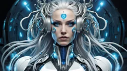 stands An android-mutant woman with long white-blue swirlings hair, a biomechanical mutant with sky-blue eyes, white shiny robot body with some blue led, she name the AI-Medusa. The woman with like snakes of hair, the wirling with blue-white hair, she stands in the futuristic office, stunning, mystic and sci-fi mix creature, high detalied, sharp focus, perfect beauty, professional photo