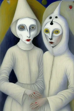 A surreal portrait of a mime painted white in white clothes by artist "Loredana Lollipop" and "Leonora Carrington"