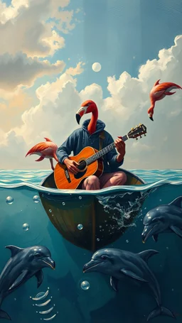 Bosch painting style flamingo guitar player in a boat and dolphin are dancing around the boat