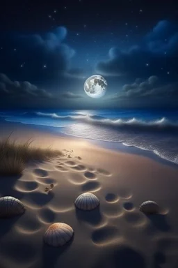 magic sea, beach with sand, shells, realistic, professional photo, 4k, top view, cosmic sky, stars, full moon, milki way