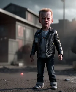 The Terminator toddler, fixed eye, full body, dramatic lighting, angry, hyper realistic