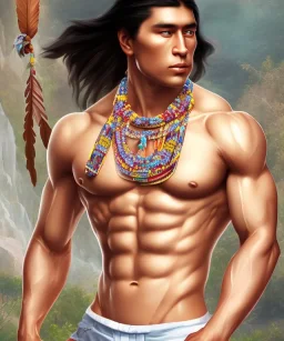 native american warrior, long black hair, big muscles, magic crystal neckless , shirtless