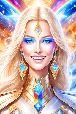 cosmic woman smile, admiral from the future, one fine whole face, crystalline skin, expressive blue eyes,rainbow, smiling lips, very nice smile, costume pleiadian, Beautiful tall woman pleiadian Galactic commander, ship, perfect datailed golden galactic suit, high rank, long blond hair, hand whit five perfect detailed finger, amazing big blue eyes, smilling mouth, high drfinition lips, cosmic happiness, bright colors, blue, pink, gold, jewels, realist, high,rainbow commander