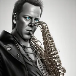 A portrait of a kiefer sutherland playing saxophone, sin city, frank miller, low key lighting, volumetric light, digital art, highly detailed, fine detail, intricate, ornate, complex, octane render, unreal engine, photorealistic