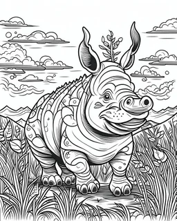 create a 2d black outline, "safari smiling cartoon rhinoceros coloring book for adults", coloring page, low details design, black contour, coloring page design, simple background, colorful , card style, coloring page for kids, white background, sketch style, safari landscape, cartoon style