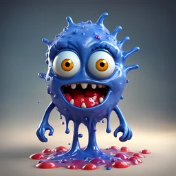 A whimsical dripping, slimy gooey blue monster, playful, colourful, 3d render, maya, highly detailed, Z brush, cgi, Pixar 3D art, jelly wobbly texture, big white eyes, fun yet scary, slime ball, super cute, animated realism, long wobbly arms, funny feet, ((blob)), quirky, funny feet, pop surrealism, modular constructivism, subsurface scattering, crepuscular realism, ray tracing, big eyes, smiling, salivating, shiny, multi coloured, big smile, sharp teeth, cute afunny cartoon like