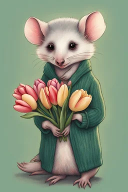 Green opossum wearing cardigan holding a bouquet of tulips cute art