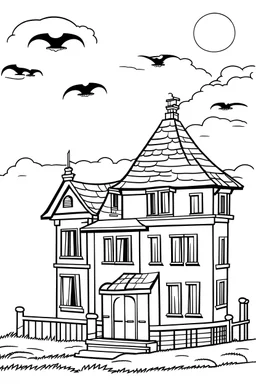 a simple coloring page of a spooky, old haunted house with bats flying around, no background, black thick outline only, disney style