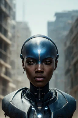 portrait,beautiful african robot, post-apocalyptic in a cyberpunk city, realistic, intriacte detail, sci-fi fantasy style, volumetric lighting, particales,highly detailed,cinamatic, deep