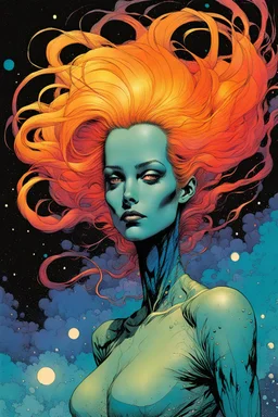 create an imaginative amorphous female extraterrestrial being with finely detailed facial features, sinuous tentacle hair, filming the exploding chaos of a dying star, in the comic book art style of Bill Sienkiewicz, Mike Mignola, and Jean Giraud Moebius, finely textured, drawn, colored, and inked