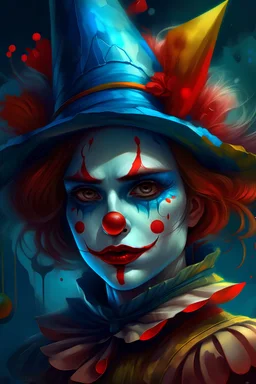 Closeup portrait of a clown, highly detailed, surreal, expressionless face, bright colors, contrast lighting, abstract background, art by wlop, greg rutkowski, charlie bowater, magali villeneuve, alphonse mucha, cartoonish, comic book style.