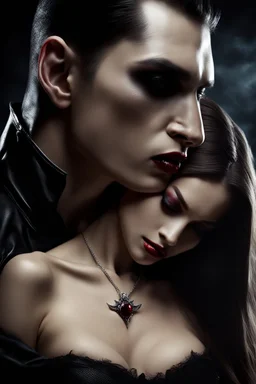 male vampire biting the neck of a young woman, dark fantasy, photorealistic