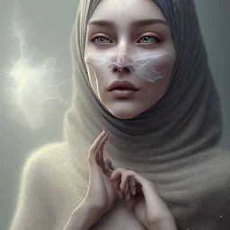 blowing dust, fog, dissolving woman's face, wearing hijab, fine detail, highly intricate, modern surrealism painting, defined cracks and breaks, high-quality, volumetric lighting, 8k, ultrahd, George Grie, Marco Escobedo, Igor Morski,Brian Froud, Howard Lyon, Selina French,