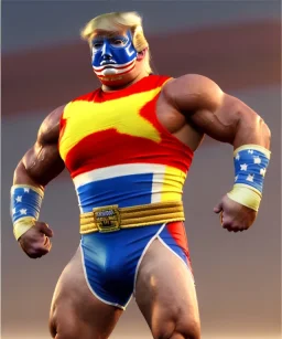 Realistic image of Donald trump wrestler, Mexican wrestling style, Mexican wrestling mask, eye line, red and blue breeches, glow us flag dress, suspenders, retro style, 80s, vibrant color, highly detailed, clean background, concept art, unreal engine 5, god rays, ray tracing, RTX, lumen lighting, ultra detail, volumetric lighting, 3d, finely drawn, high definition, high resolution.