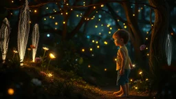 Un beau petit garçon erre dans son monde imaginaire enchanté, Parmi les merveilles, qu'il adore explorer. Nuit enchantée, plantes magiques, fontaines de lumière, lucioles dansantes, fées lumineuses. Ses rêves sont vastes, pleins de beauté, Chaque instant est un nouveau bonheur. Dans son univers, tout est merveilleux, Un monde imaginaire, tendre et lumineux. Bel éclairage, composition attrayante, photoréaliste, extrêmement détaillée, clair-obscur, règle des tiers. Photograph.