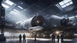 Space, Factory, High detailed, Mechanic, less lights, Realistic details, Sharp, engineers Engineering, hangar, Crowd, Fixing repairing
