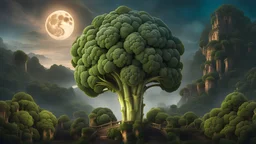 A concept art broccoli moon that looks like a happy origin head fractal broccoli above a lgothic lush andscape, chiaro scuro, intricate background muskHDR, 8k, epic colors, Baroque fantasy surrealism, in the style of Johannes Vermeer, masterpiece, hyperrealism