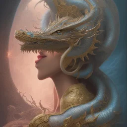 sango fantasy, fantasy magic, intricate, sharp focus, illustration, highly detailed, digital painting, concept art, matte, artgerm and paul lewin and kehinde wiley, masterpiece silver dragon head golden Asian African nice breast Afo woman turquoise snow waves