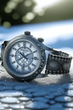 "Generate an image of a frosted watch in an outdoor, snowy setting. The watch should glisten under the winter sun, with snowflakes delicately resting on its surface."