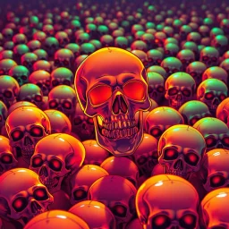 a field of 1000s of cartoonish, anatomically correct, skulls, vivid RANDOM BRIGHT neon colors, dark comedy, well lit, high detail, photorealistic, horrorcore, fun, scary, dead