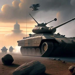 Ralph mcquarrie painting of a Futuristic armored tank With treads in the city with jets flying overhead, 4k, highly detailed, minutiae, trail, boulders, headlight, trees