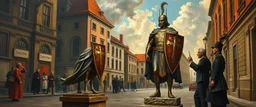 fantasy art, master oil painting by Rembrandt and Escher ,Dispute over a magical construct: A beautiful, animated statue (a shield guardian without an amulet) is standing in a street, confused. Its creator and a city official are arguing over jurisdiction.