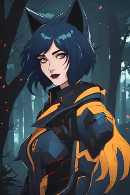 Young woman with midnight blue hair and wolf ears, vivid red eyes. futuristic black and blue armor, grinning, fangs, woodland background, RWBY animation style