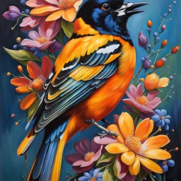 vibrant and energetic painting featuring a Baltimore Oriole a side profile, adorned with an array of colorful flowers. The bird's eyes are detailed and expressive, capturing its lively spirit.