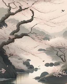 A serene, traditional Japanese scene, with a meandering river flowing through a picturesque landscape, and cherry blossoms gracefully falling from the trees. The composition is elegant and harmonious, with subtle, muted colors and delicate details, evoking a sense of timeless beauty.