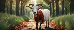 High-end hyperrealism epic cute goat chewing grass, inspired cinematic photography, symmetry forest alley background, Aesthetic combination of sage green and walnut and honey red, Vintage style with brown pure leather accents, Art Nouveau visuals with Octane Render 3D tech, Ultra-High-Definition (UHD) cinematic character rendering, Detailed close-ups capturing intricate beauty, Aim for hyper-detailed 8K